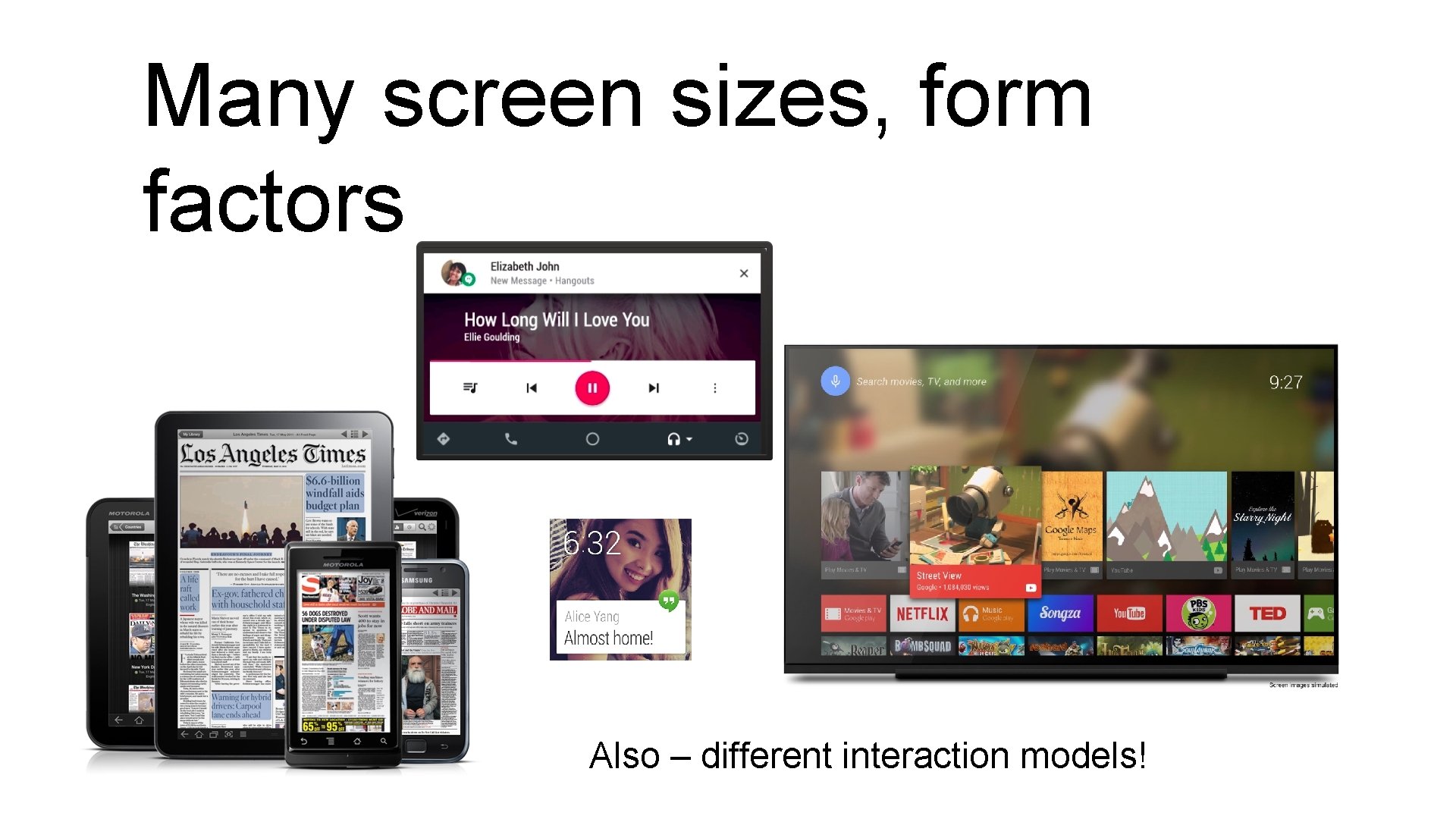 Many screen sizes, form factors Also – different interaction models! 