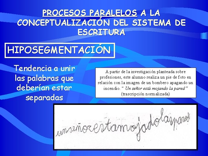 PROCESOS PARALELOS A LA CONCEPTUALIZACIÓN DEL SISTEMA DE ESCRITURA HIPOSEGMENTACIÓN Tendencia a unir las
