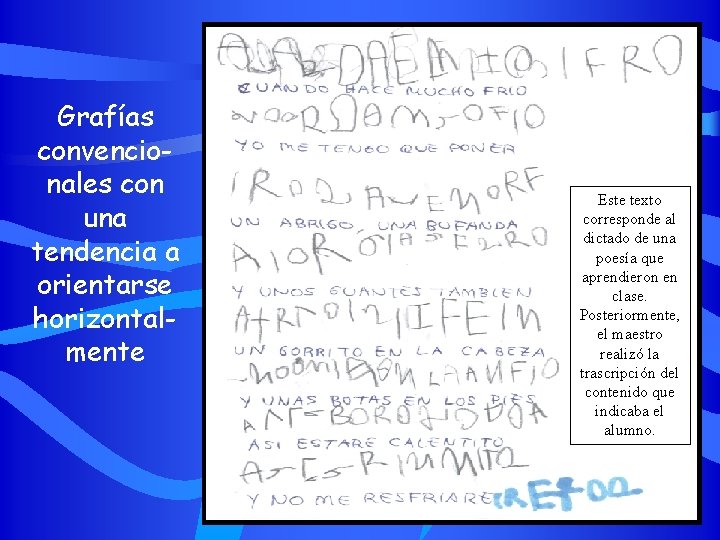 Grafías convencionales con una tendencia a orientarse horizontalmente Este texto corresponde al dictado de