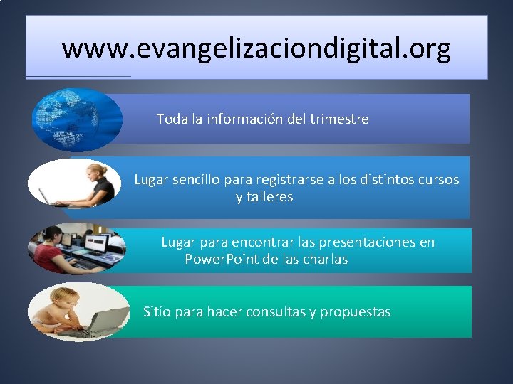 www. evangelizaciondigital. org Toda la información del trimestre Lugar sencillo para registrarse a los