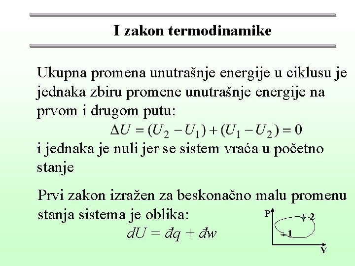 I zakon termodinamike Ukupna promena unutrašnje energije u ciklusu je jednaka zbiru promene unutrašnje