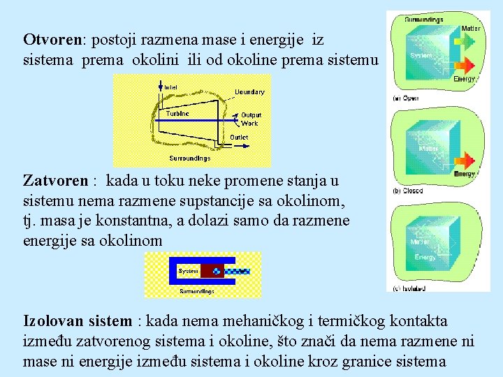 Otvoren: postoji razmena mase i energije iz sistema prema okolini ili od okoline prema