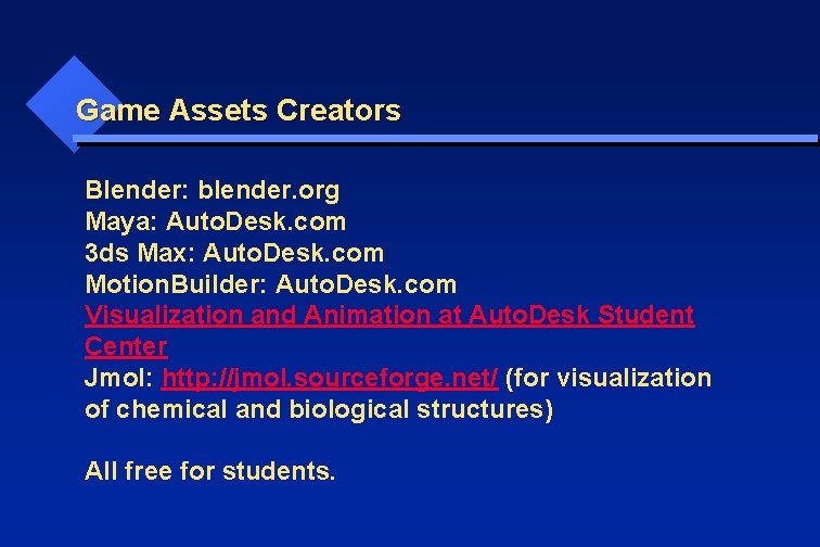 Game Assets Creators Blender: blender. org Maya: Auto. Desk. com 3 ds Max: Auto.