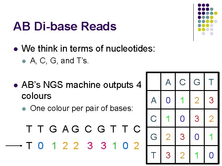 AB Di-base Reads l We think in terms of nucleotides: l l A, C,