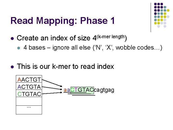 Read Mapping: Phase 1 l Create an index of size 4(k-mer length) l l