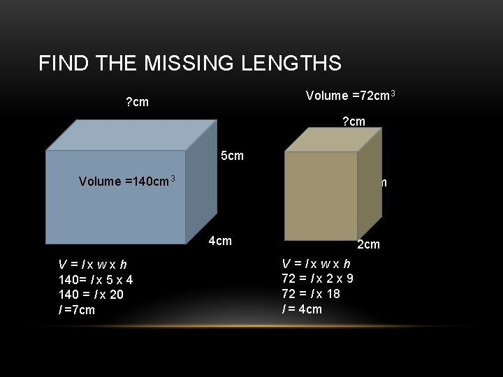 FIND THE MISSING LENGTHS Volume =72 cm 3 ? cm 5 cm Volume =140