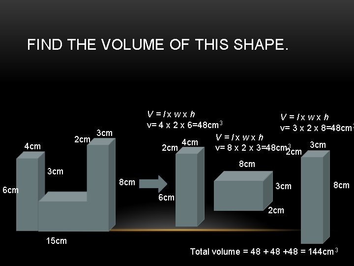 FIND THE VOLUME OF THIS SHAPE. 2 cm 4 cm V=lxwxh v= 4 x