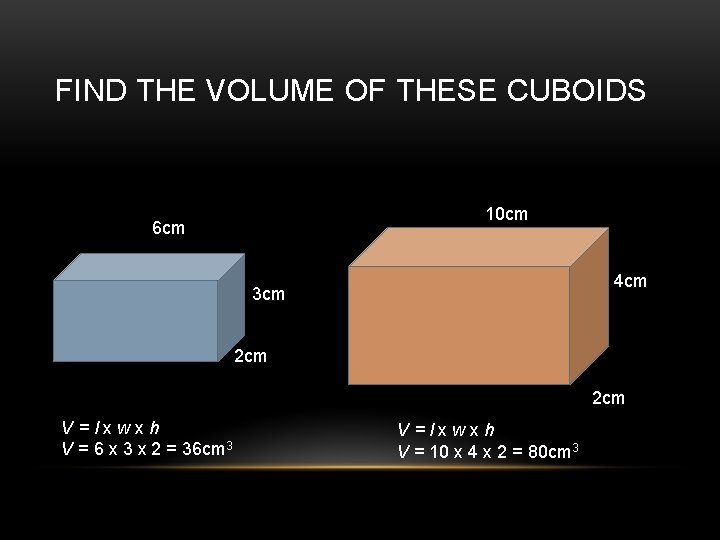 FIND THE VOLUME OF THESE CUBOIDS 10 cm 6 cm 4 cm 3 cm