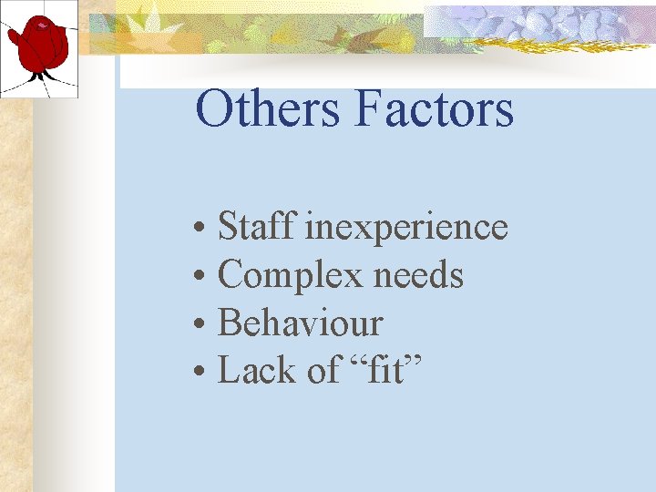 Others Factors • Staff inexperience • Complex needs • Behaviour • Lack of “fit” Others Factors • Staff inexperience • Complex needs • Behaviour • Lack of “fit”