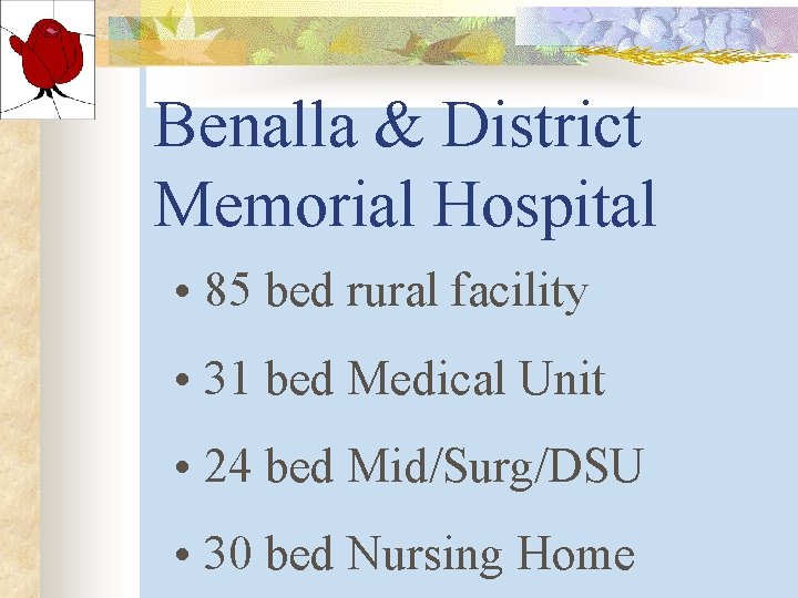 Benalla & District Memorial Hospital • 85 bed rural facility • 31 bed Medical Benalla & District Memorial Hospital • 85 bed rural facility • 31 bed Medical