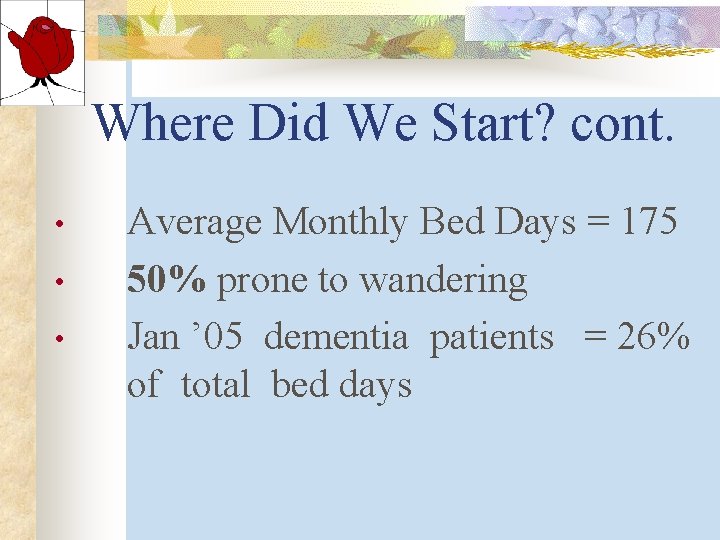 Where Did We Start? cont. • • • Average Monthly Bed Days = 175 Where Did We Start? cont. • • • Average Monthly Bed Days = 175