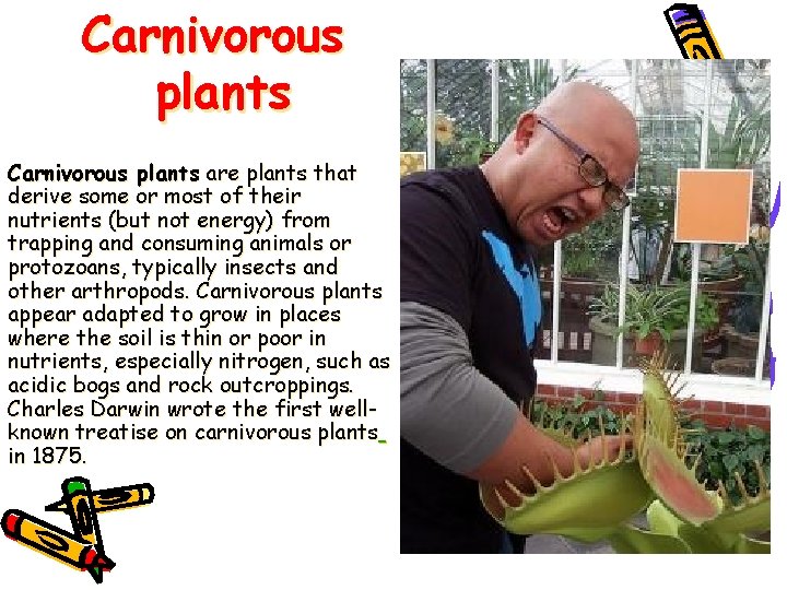 Carnivorous plants are plants that derive some or most of their nutrients (but not