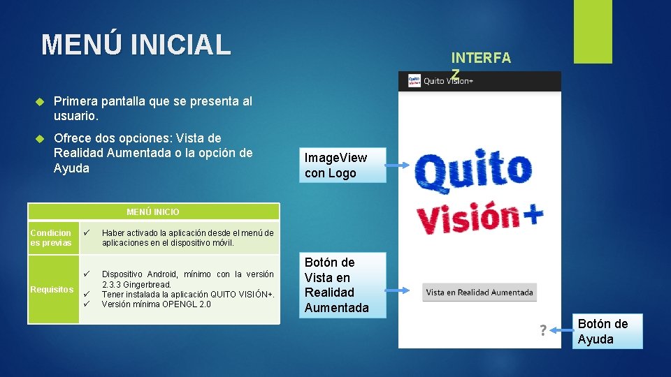MENÚ INICIAL Primera pantalla que se presenta al usuario. Ofrece dos opciones: Vista de
