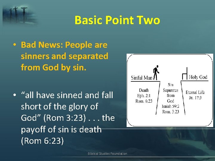 Basic Point Two • Bad News: People are sinners and separated from God by