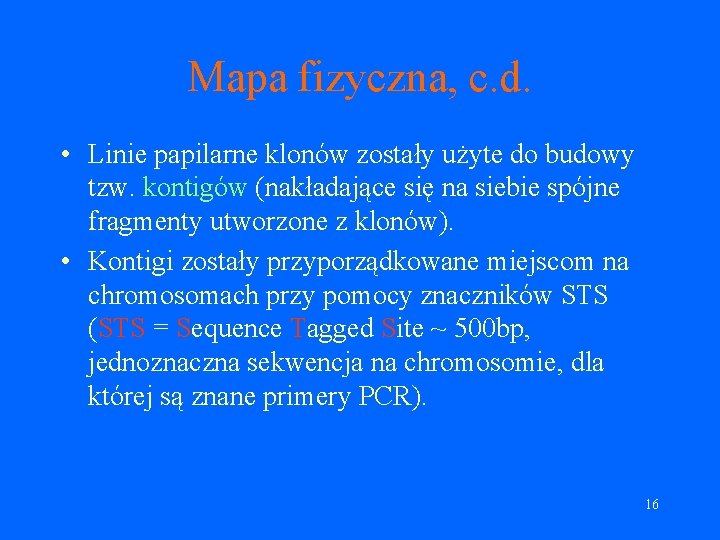 Mapa fizyczna, c. d. • Linie papilarne klonów zostały użyte do budowy tzw. kontigów