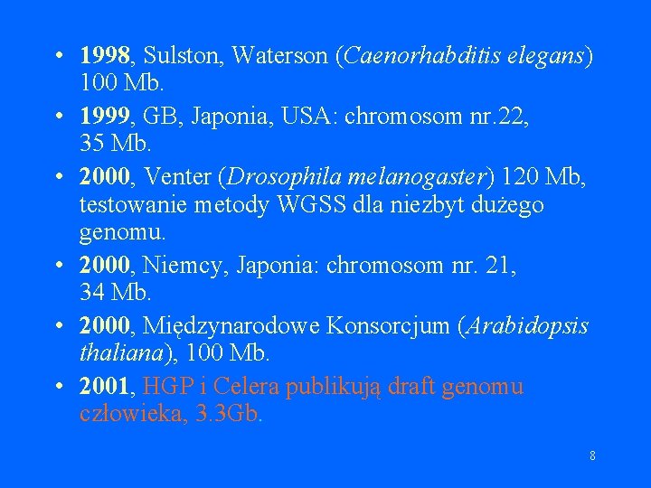  • 1998, Sulston, Waterson (Caenorhabditis elegans) 100 Mb. • 1999, GB, Japonia, USA: