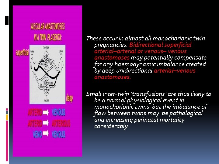 These occur in almost all monochorionic twin pregnancies. Bidirectional superficial arterial–arterial or venous– venous These occur in almost all monochorionic twin pregnancies. Bidirectional superficial arterial–arterial or venous– venous