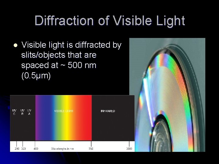 Diffraction of Visible Light l Visible light is diffracted by slits/objects that are spaced