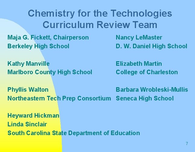 Chemistry for the Technologies Curriculum Review Team Maja G. Fickett, Chairperson Berkeley High School Chemistry for the Technologies Curriculum Review Team Maja G. Fickett, Chairperson Berkeley High School
