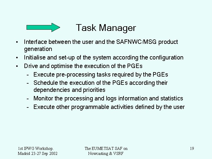 Task Manager • Interface between the user and the SAFNWC/MSG product generation • Initialise