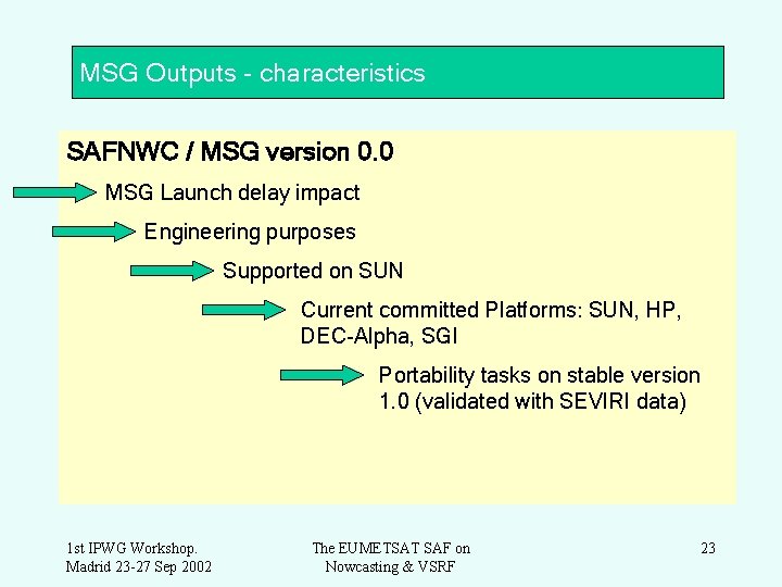 MSG Outputs - characteristics SAFNWC / MSG version 0. 0 MSG Launch delay impact
