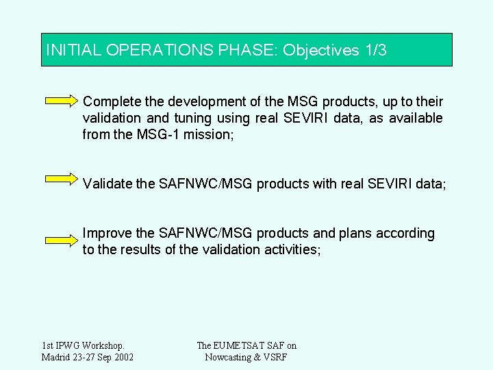 INITIAL OPERATIONS PHASE: Objectives 1/3 Complete the development of the MSG products, up to