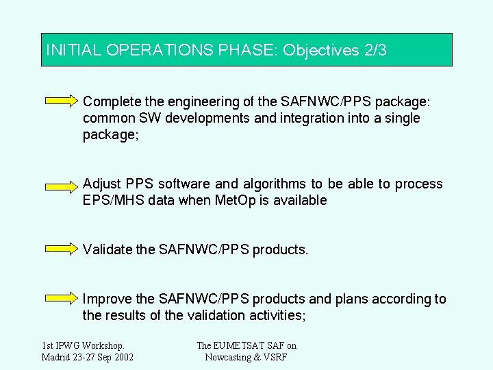 INITIAL OPERATIONS PHASE: Objectives 2/3 Complete the engineering of the SAFNWC/PPS package: common SW