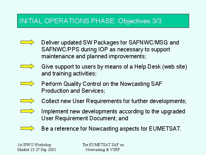 INITIAL OPERATIONS PHASE: Objectives 3/3 Deliver updated SW Packages for SAFNWC/MSG and SAFNWC/PPS during