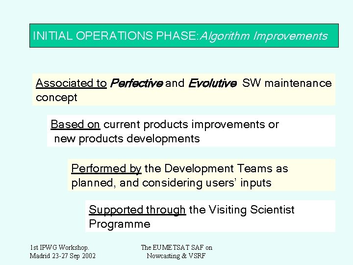 INITIAL OPERATIONS PHASE: Algorithm Improvements Associated to Perfective and Evolutive SW maintenance concept Based