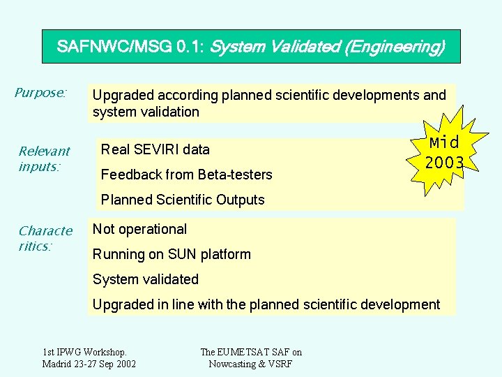 SAFNWC/MSG 0. 1: System Validated (Engineering) Purpose: Relevant inputs: Upgraded according planned scientific developments