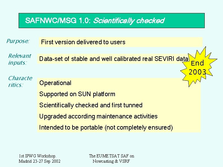 SAFNWC/MSG 1. 0: Scientifically checked Purpose: First version delivered to users Relevant inputs: Data-set