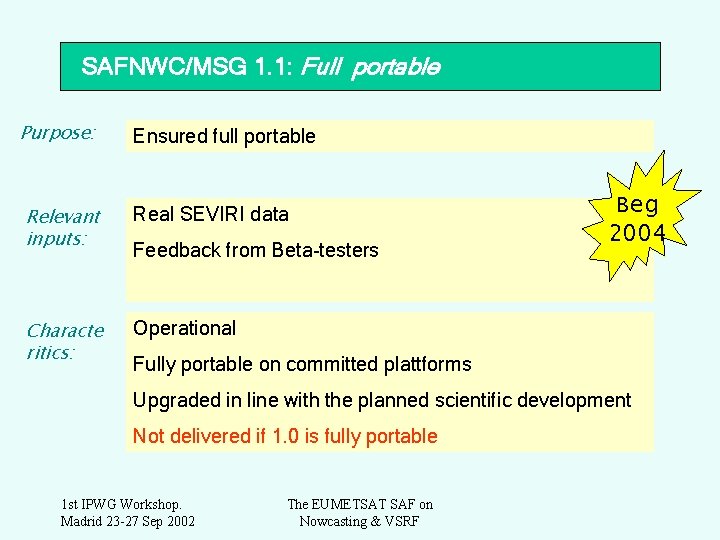 SAFNWC/MSG 1. 1: Full portable Purpose: Ensured full portable Relevant inputs: Real SEVIRI data