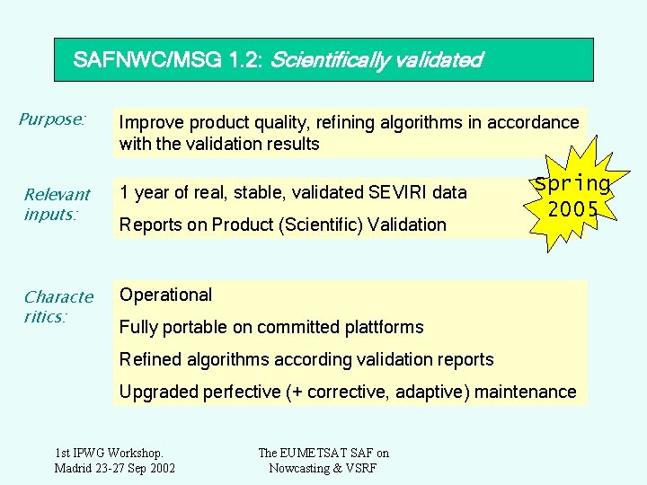 SAFNWC/MSG 1. 2: Scientifically validated Purpose: Improve product quality, refining algorithms in accordance with