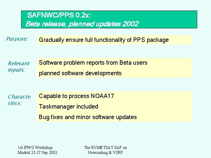 SAFNWC/PPS 0. 2 x: Beta release, planned updates 2002 Purpose: Gradually ensure full functionality