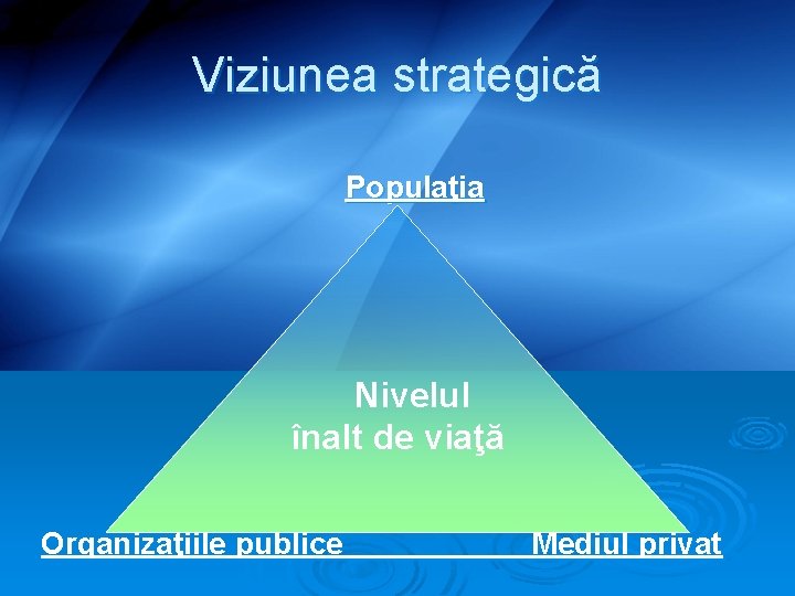 Viziunea strategică Populaţia Nivelul înalt de viaţă Organizaţiile publice Mediul privat 