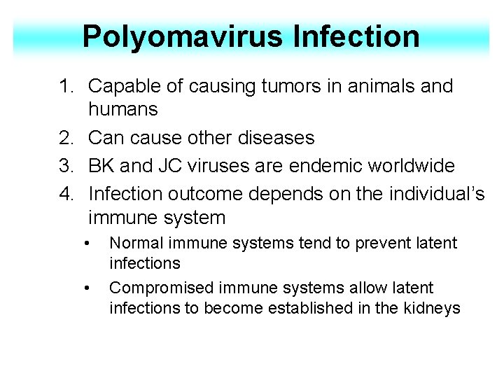 Polyomavirus Infection 1. Capable of causing tumors in animals and humans 2. Can cause