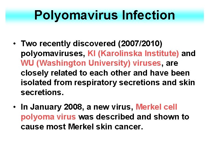 Polyomavirus Infection • Two recently discovered (2007/2010) polyomaviruses, KI (Karolinska Institute) and WU (Washington