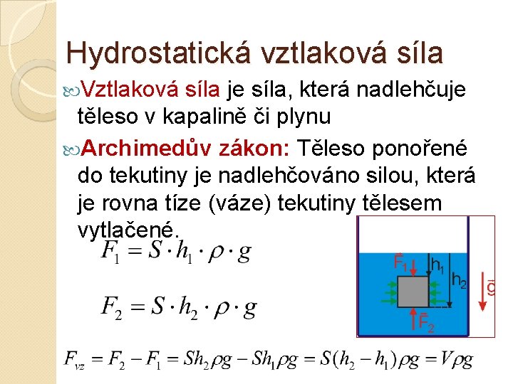 Hydrostatická vztlaková síla Vztlaková síla je síla, která nadlehčuje těleso v kapalině či plynu