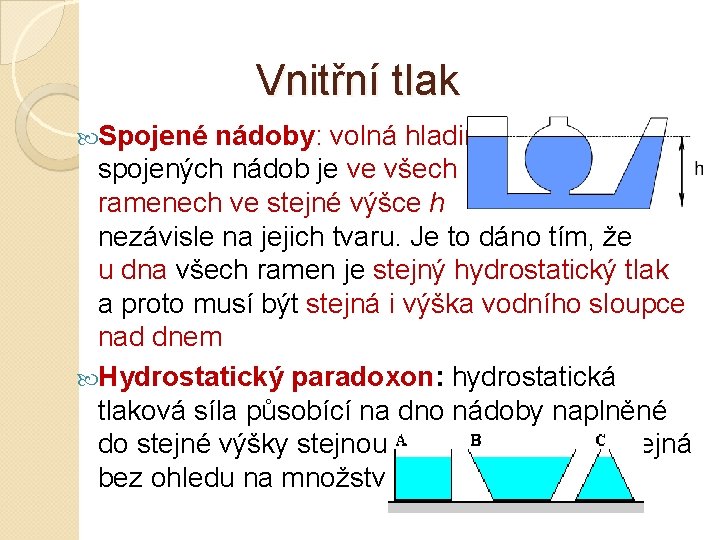 Vnitřní tlak Spojené nádoby: volná hladina spojených nádob je ve všech ramenech ve stejné