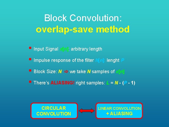 Block Convolution: overlap-save method § Input Signal x[n]: arbitrary length § Impulse response of