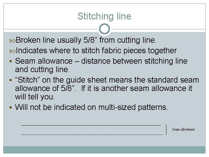 Stitching line Broken line usually 5/8” from cutting line. Indicates where to stitch fabric