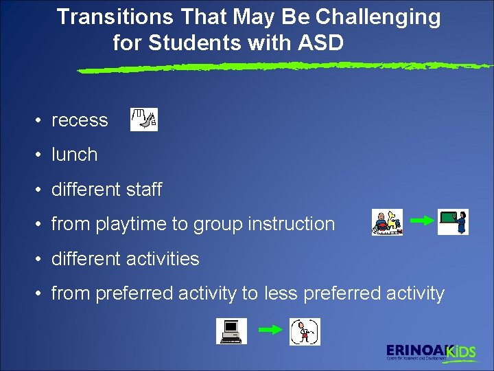 Transitions That May Be Challenging for Students with ASD • recess • lunch •