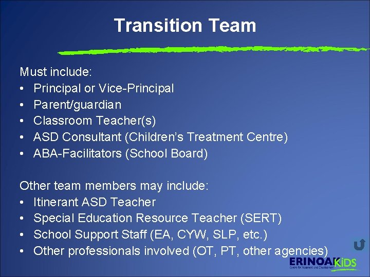 Transition Team Must include: • Principal or Vice-Principal • Parent/guardian • Classroom Teacher(s) •