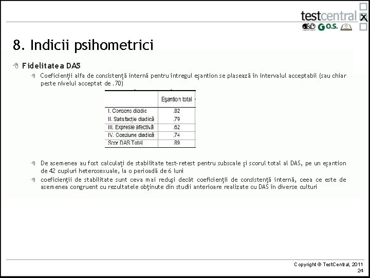 8. Indicii psihometrici 8 Fidelitatea DAS 8 Coeficienții alfa de consistență internă pentru întregul