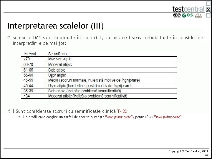 Interpretarea scalelor (III) 8 Scorurile DAS sunt exprimate în scoruri T, iar ăn acest