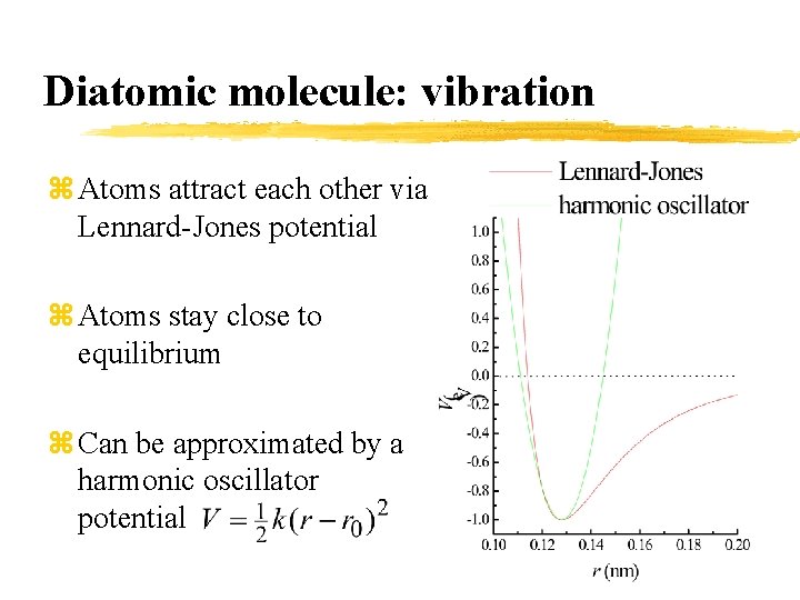 Diatomic molecule: vibration z Atoms attract each other via Lennard-Jones potential z Atoms stay