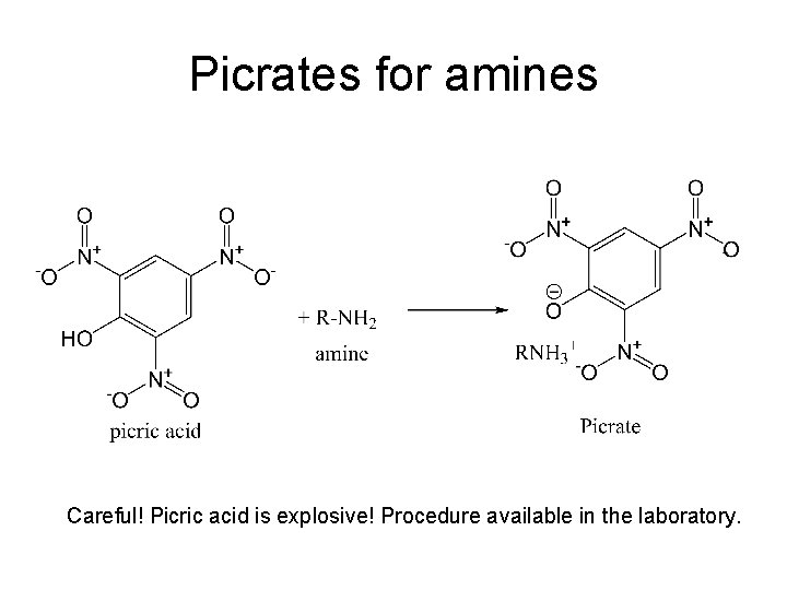 Picrates for amines Careful! Picric acid is explosive! Procedure available in the laboratory. 