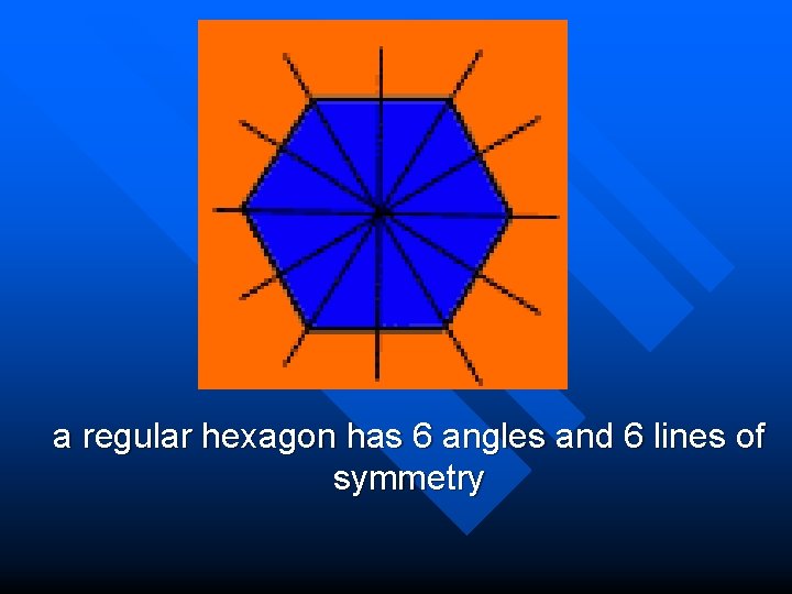 a regular hexagon has 6 angles and 6 lines of symmetry 