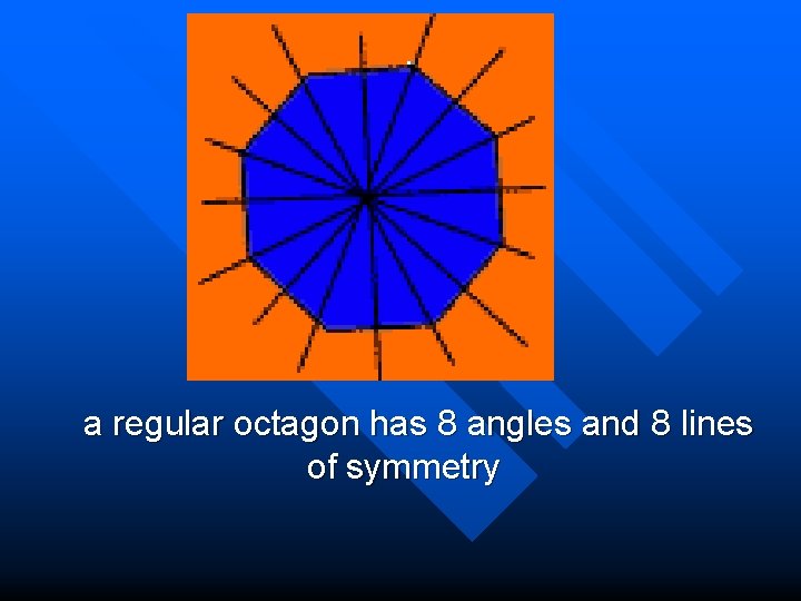  a regular octagon has 8 angles and 8 lines of symmetry 