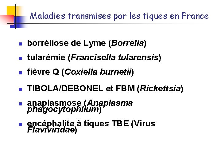 Maladies transmises par les tiques en France n borréliose de Lyme (Borrelia) n tularémie